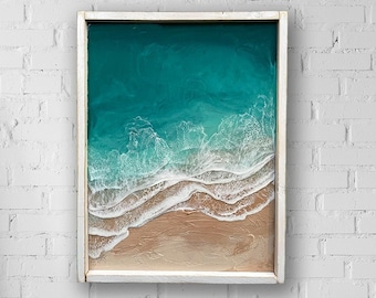 Aqua Ocean Wall Art, Framed Epoxy Resin Waves