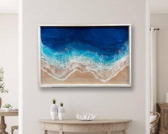 Framed Ocean Wall Art, Epoxy Resin Wave Art, 36x24"