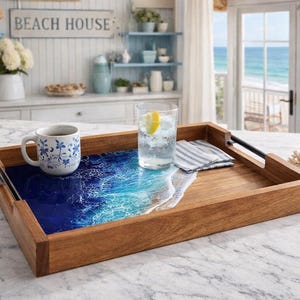 Rectangular Wave Tray with epoxy resin waves and black handles, Acacia Wood Ocean Tray