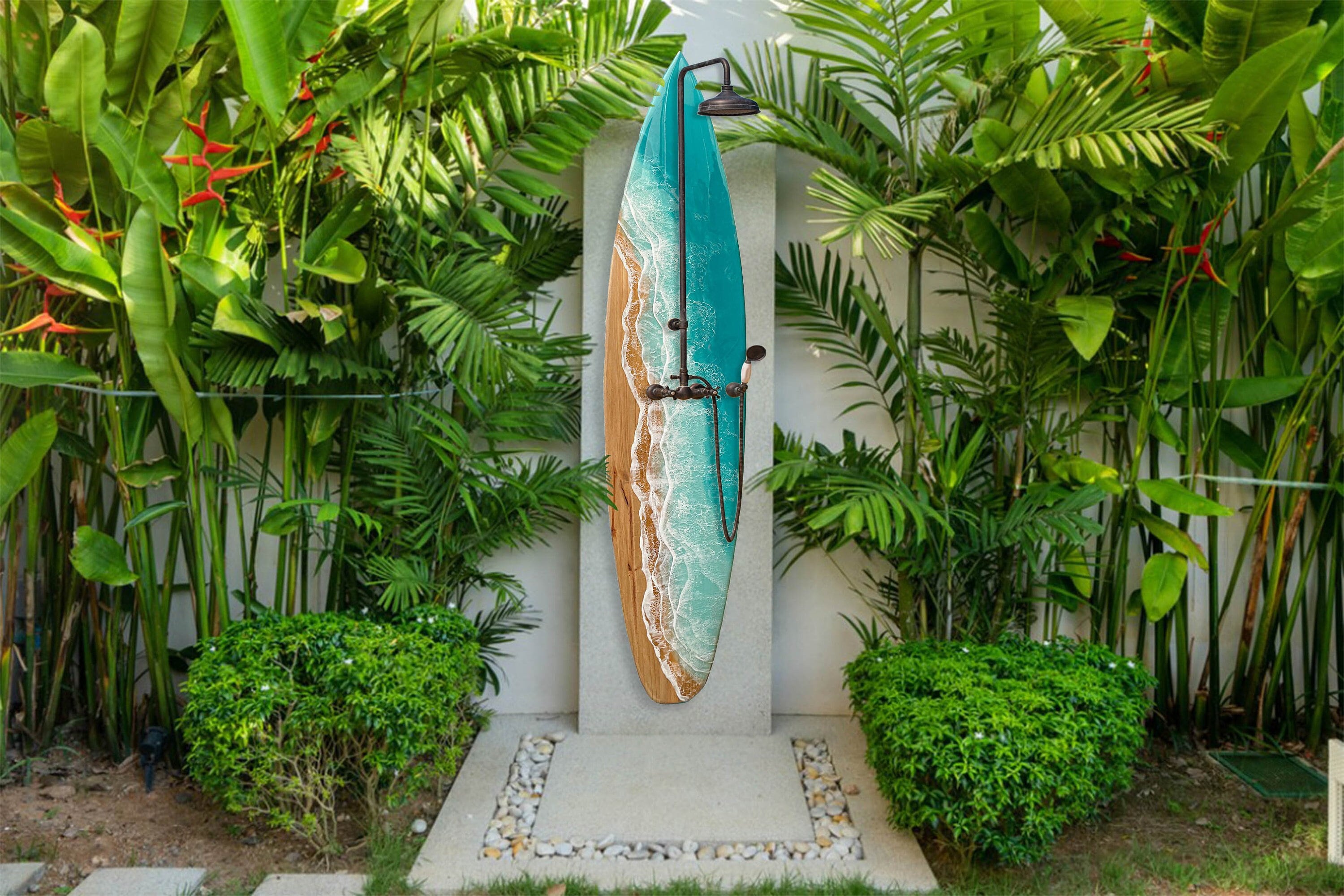 6' Resin Surfboard With Aqua Waves, Outdoor Shower Surfboard - Etsy