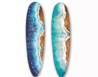 Large wood longboard with epoxy resin waves, 7 foot surfboard
