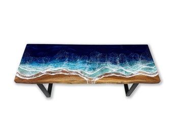 Live Edge Coffee Table with Epoxy Resin Waves, Acacia Wood Ocean Table