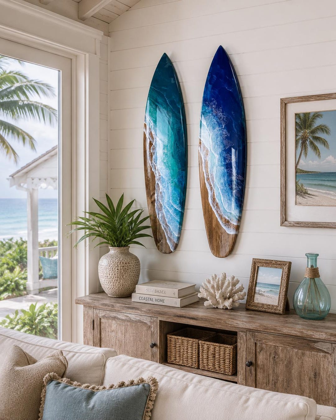 6' Ocean Surfboard With Blue or Aqua Waves, Resin Wave Surfboard