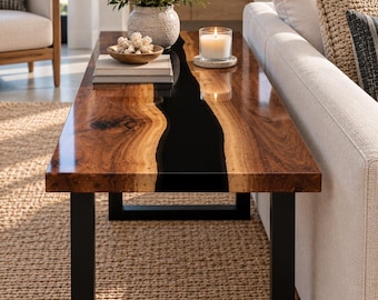 Handmade Black Walnut River Side Table, Resin Coffee Table