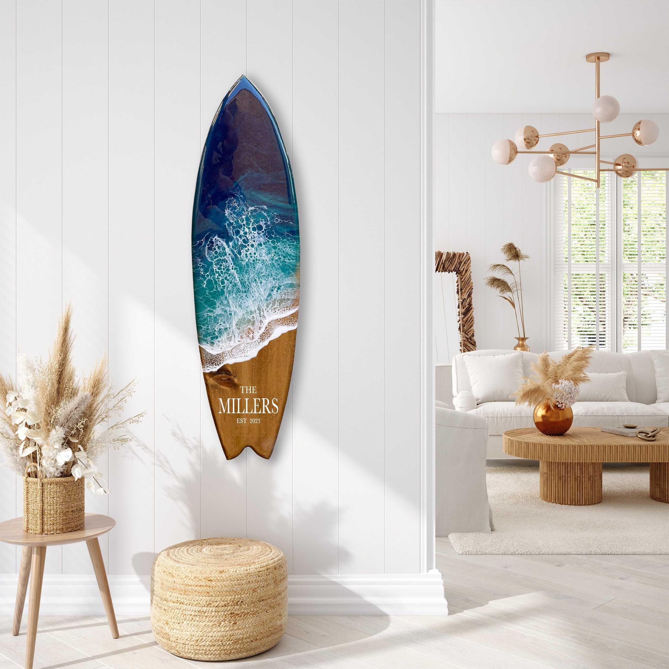 Custom Resin Surfboard with blue waves, Family name sign with established date
