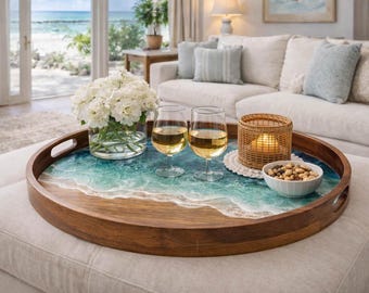 Ocean Tray, Round Acacia Wood Ottoman Tray with Epoxy Resin Waves