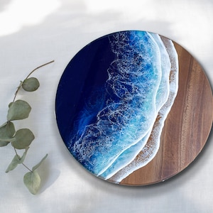 Bandeja giratoria de madera de acacia: olas de resina oceánica, epoxi de grado alimenticio