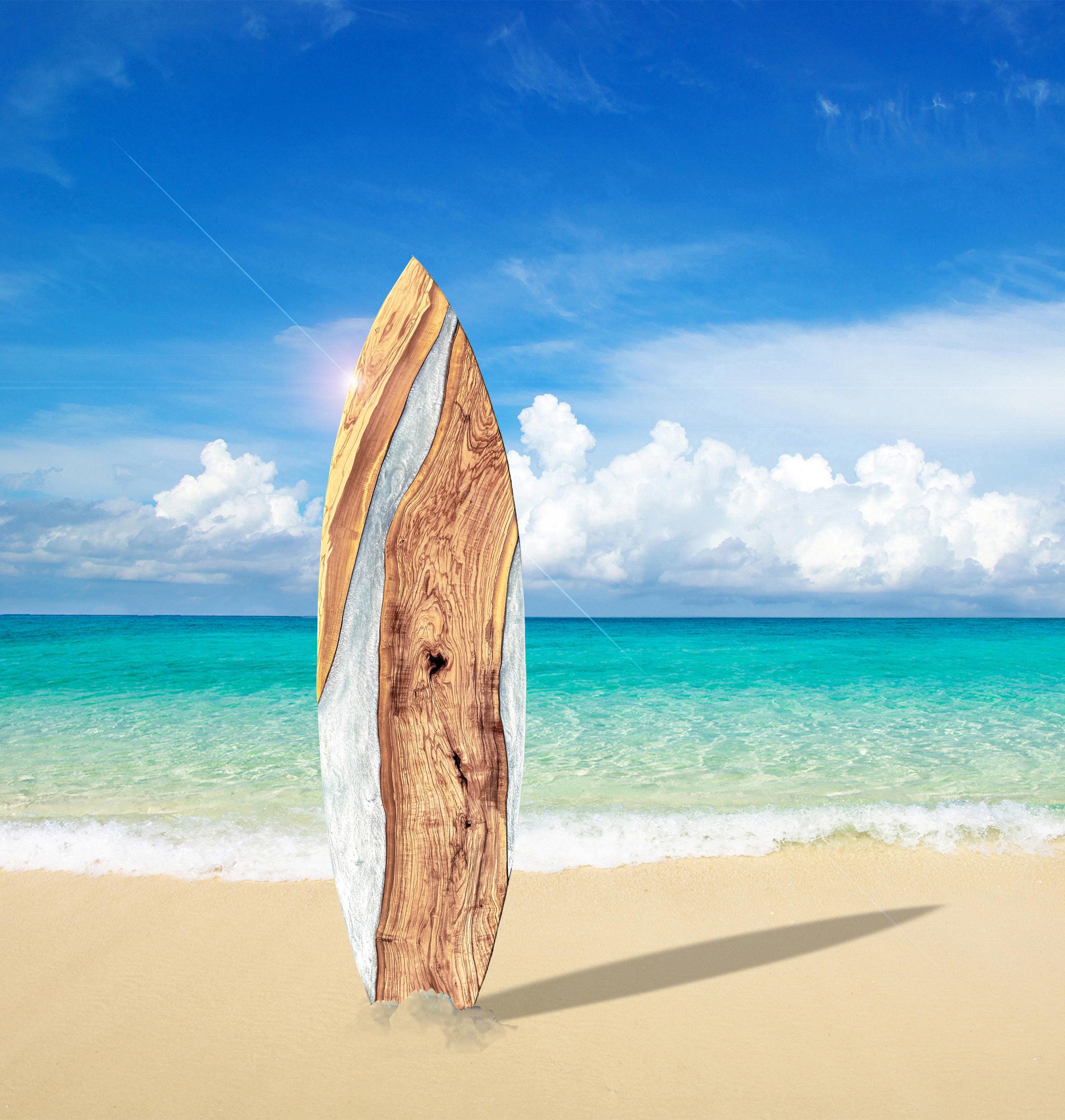 6' Olive Wood River Surfboard, Live Edge Epoxy Resin River Board