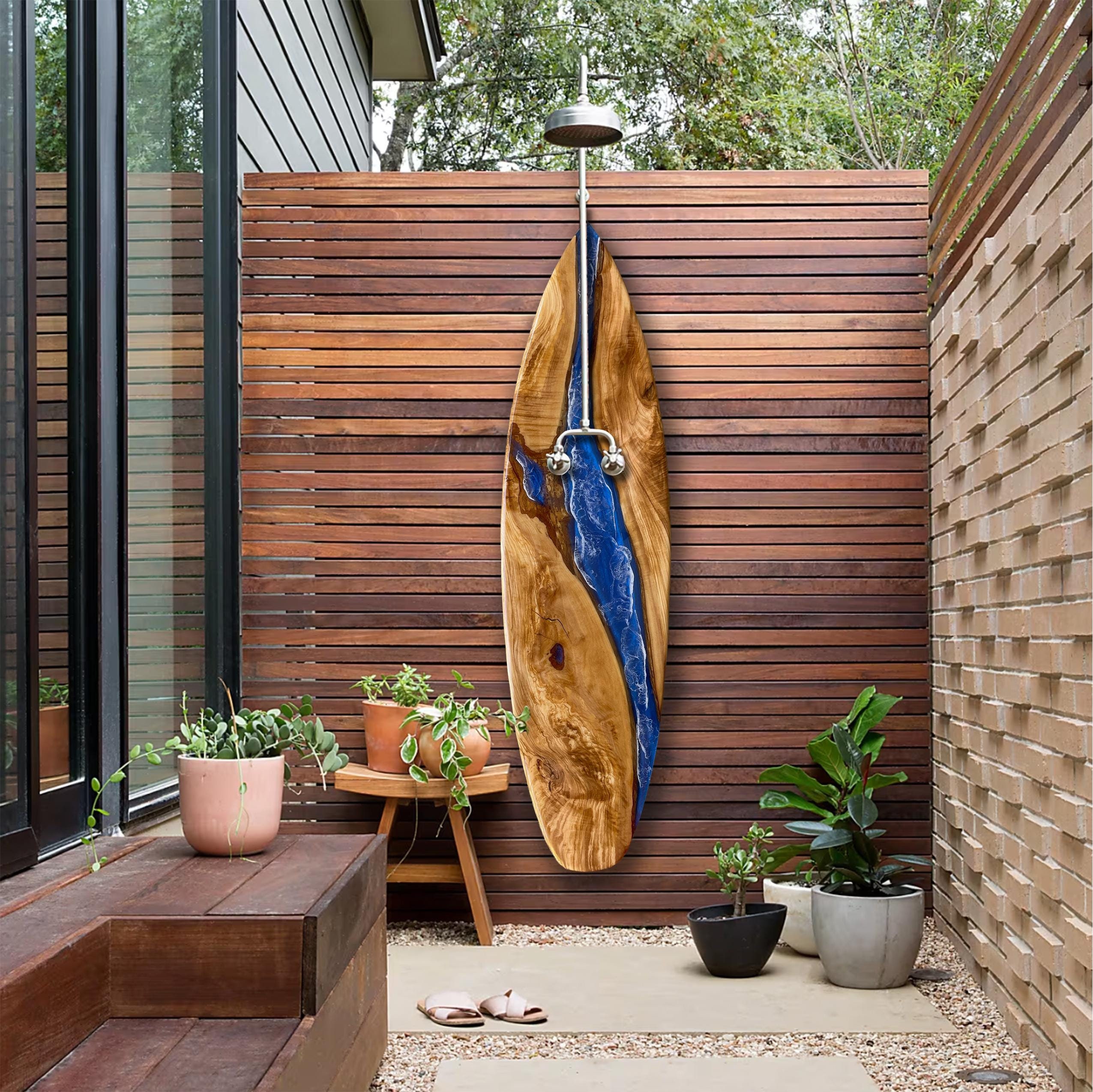 Outdoor Shower Surfboard, Live Edge Olive Wood River Surfboard - Etsy