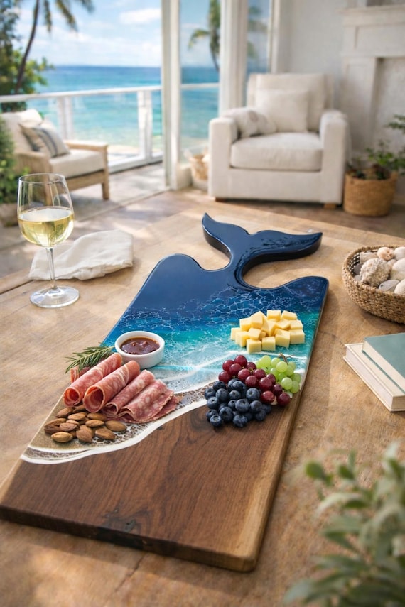 Resin Wave Cutting Board: Live Edge Black Walnut Wood, Whale Tail
