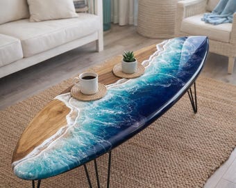 Surfboard Coffee Table: Epoxy Resin Ocean Wave Wood Table