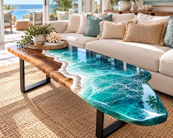 Live Edge Coffee Table with Epoxy Resin Waves, Black Walnut Ocean Table