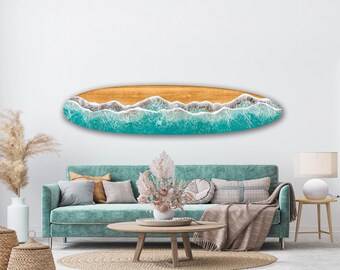 8' wood longboard with epoxy resin waves
