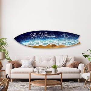 Resin Wave Surfboard with family name, Custom Surfboard Wall Art