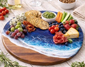 Acacia Wood Lazy Susan: Ocean Resin Waves, Food Grade Epoxy