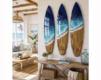 Resin Wave Surfboard Wall Art: Beach House Decor, Set of 3