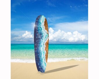Large wood longboard with epoxy resin waves, 7 foot surfboard