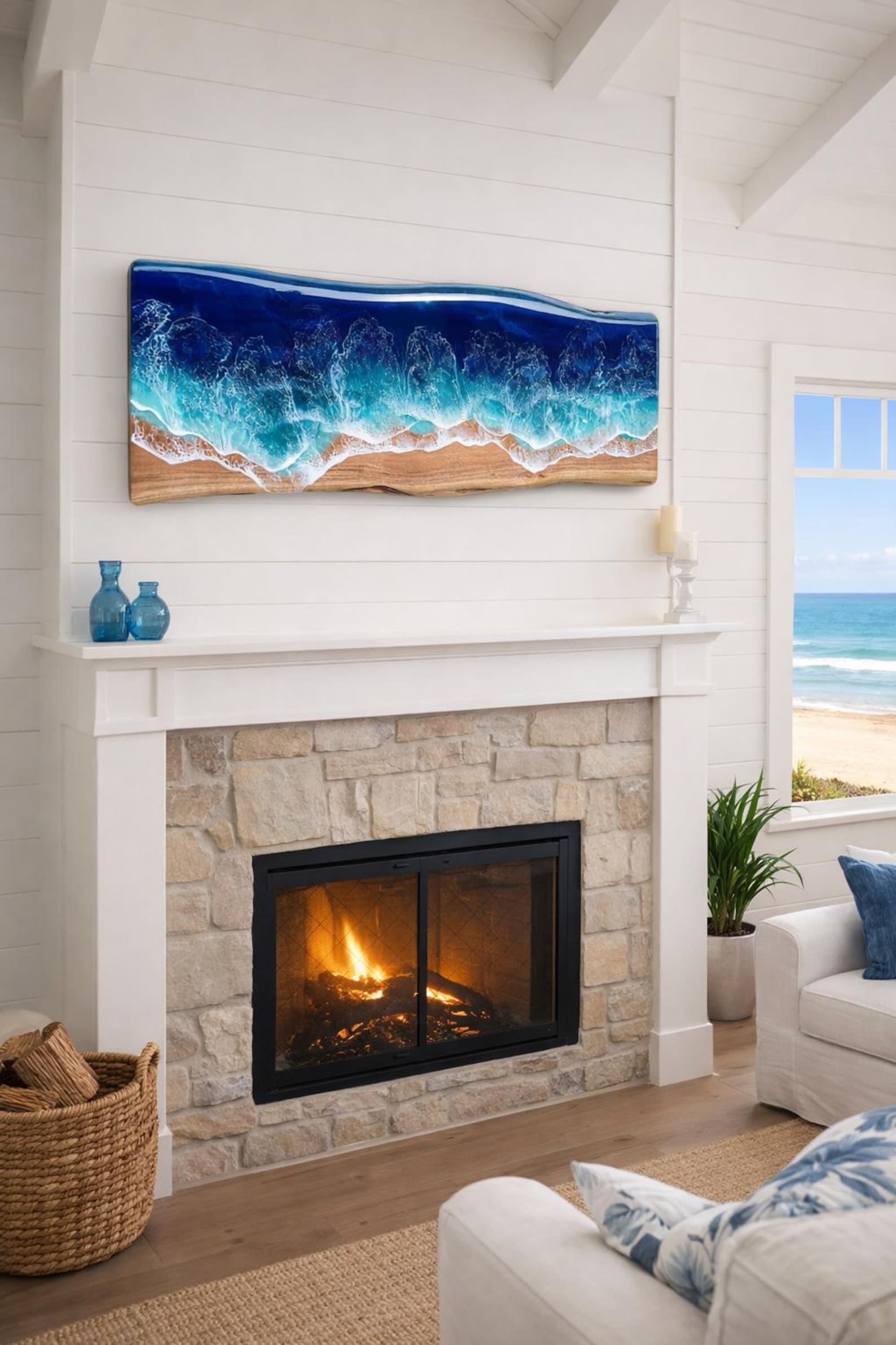 Resin Wave Wall Art: Live Edge Wood Ocean Scene