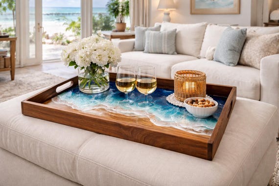 Large Ottoman Tray with epoxy resin waves, Acacia Wood Ocean Tray