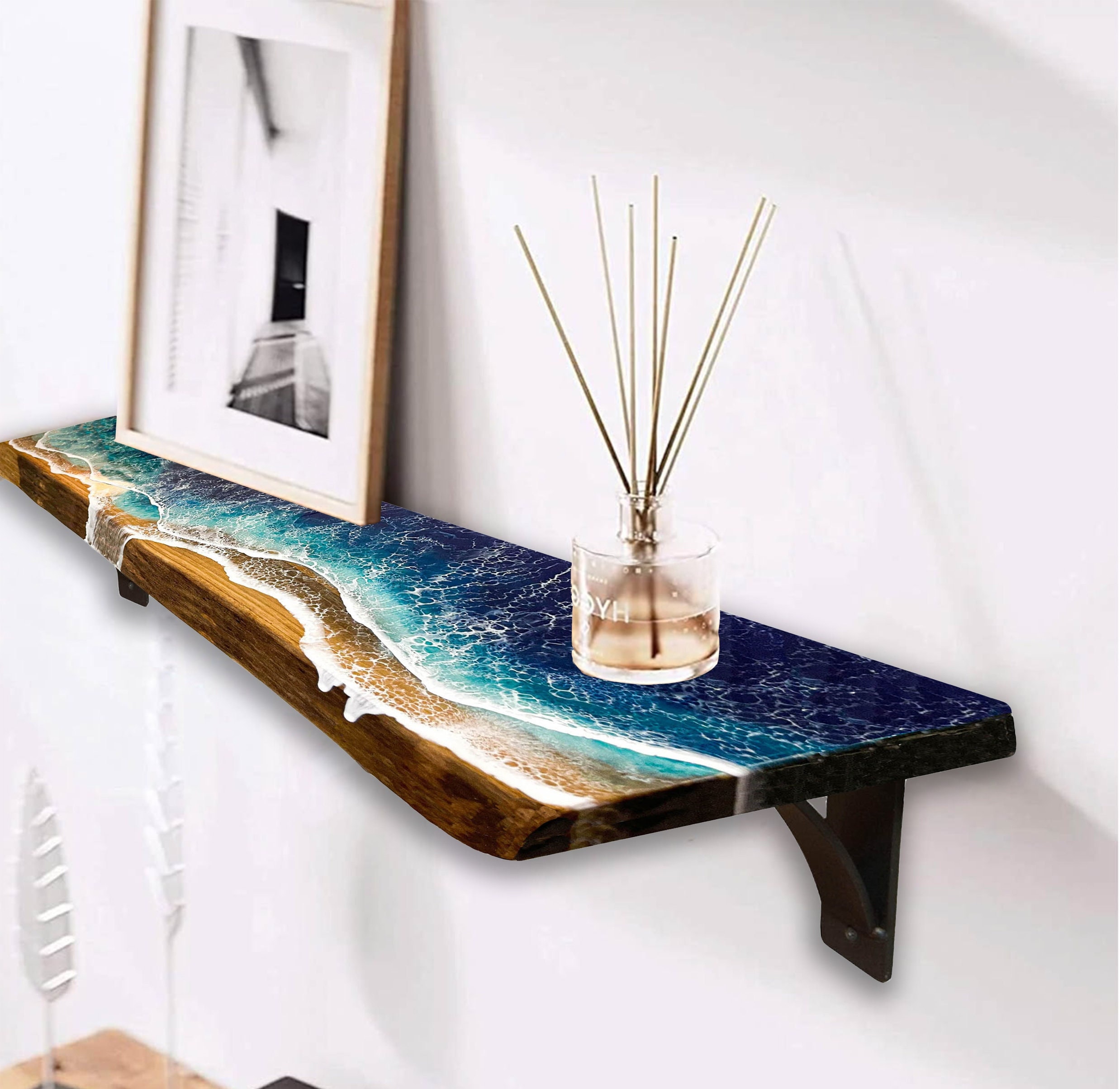 Resin Wave Black Walnut Shelf: Live Edge Wood With Brackets - Etsy