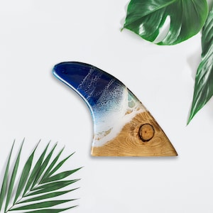 Resin Wave Fin with blue or aqua waves, decorative wood surfboard fin