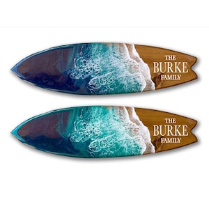 Family Name Surfboard with resin waves, epoxy resin surfboard wall art, custom surfboard