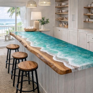 May include: A kitchen island with a unique countertop featuring a beach-themed design. The countertop combines natural wood with a turquoise and white resin, mimicking ocean waves. Three wooden stools with black metal legs are in front of the island.