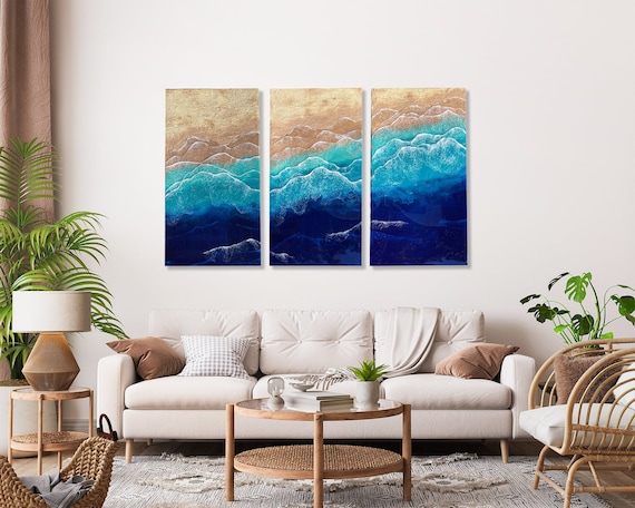 Epoxy Resin Ocean Wave Wall Art Triptych: Aqua Blue Set of 3 - Etsy