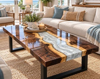 Black Walnut River Coffee Table, Resin Side Table