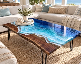 Live Edge Coffee Table with Epoxy Resin Waves, Acacia Wood Ocean Table