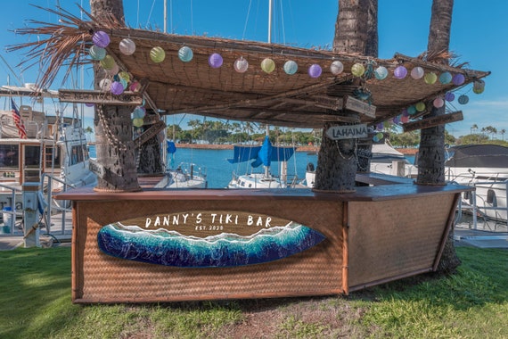 Custom Tiki Bar Surfboard Sign: Resin Wave Art, Personalized Wood