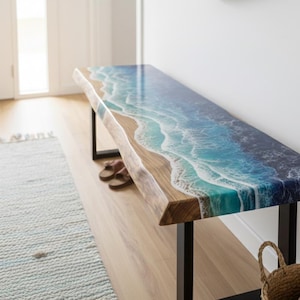 Live Edge Wood Ocean Bench: Resin Wave, Black Metal Legs