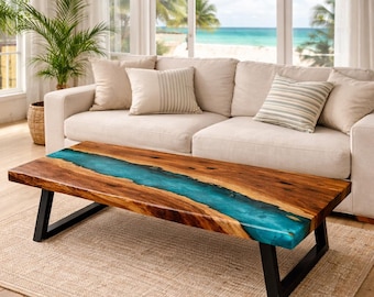Handmade Black Walnut River Coffee Table: Live Edge Wood & Resin side table