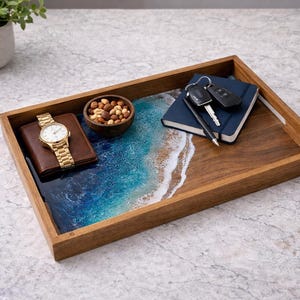 Plateau rectangulaire avec vagues en résine époxy, plateau océan en bois d'acacia