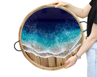 24" Round Tray with epoxy resin waves and black metal handles