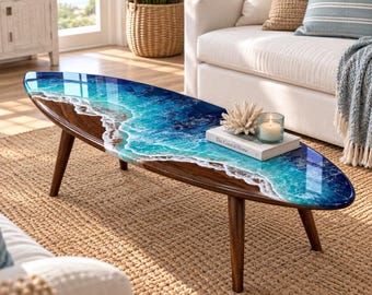 Epoxy Resin Surfboard Coffee Table: Ocean Wave Wood Table
