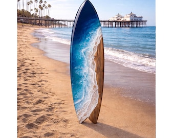 Resin Wave Wood Surfboard, Coastal Wall Art