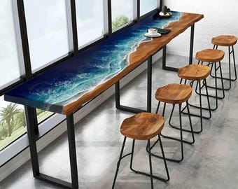 Resin wave bar top table, live edge ocean table