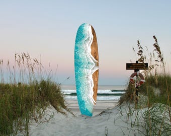 Large wood longboard with epoxy resin waves, 7 foot surfboard