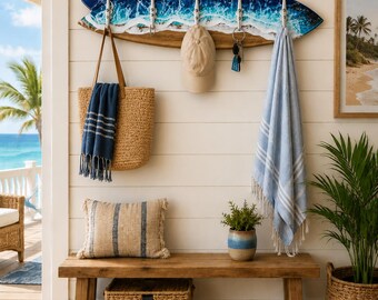 Resin Surfboard Towel Rack: Handmade Ocean Wave Decor