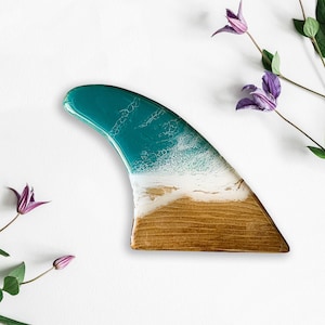 Resin Wave Fin with blue or aqua waves, decorative wood surfboard fin