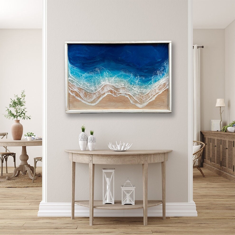Framed Ocean Wall Art, Epoxy Resin Wave Art, 36x24