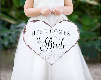 Here comes the Bride, wood heart flower girl sign