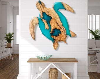 Live Edge Wood Turtle Wall Art: Handmade Epoxy Resin River Style Turtle Decor