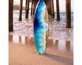 Handmade Resin Wave Surfboard, Solid Wood Ocean Art