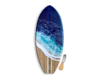 Surfboard Cutting Board with epoxy resin waves