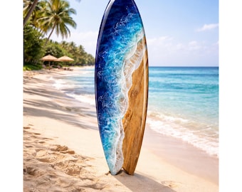 Resin Surfboard with blue/aqua ocean waves