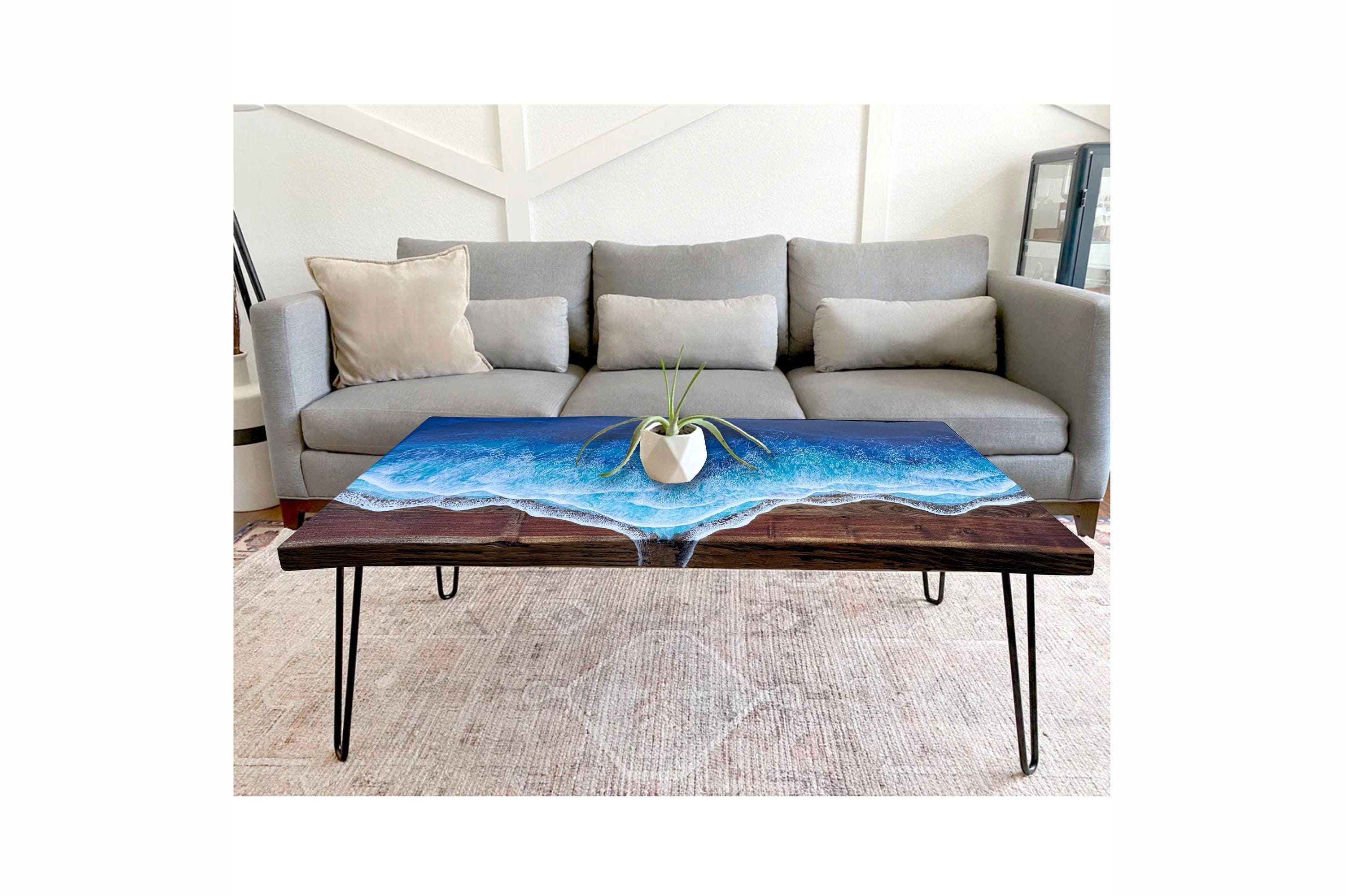 Live Edge Coffee Table With Epoxy Resin Waves, Acacia Wood Ocean Table ...