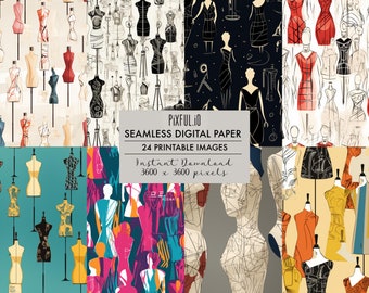 Seamless Fashion Mannequin, Dress Making Patterns, Digital Paper 24 Pack, Junk Journal Page, Printable Ephemera, Scrapbooking Supplies