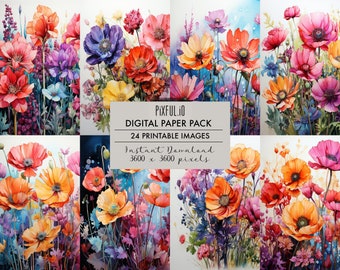 Printable Floral Digital Paper Set Watercolor Painting Of Wildflowers In Vibrant Tones Print Flower Patterns 24 Designs Junk Journal Kit